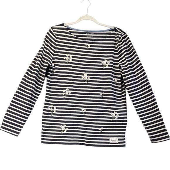 Talbots Tops - Talbots Womens M Striped Black/White Embroidery Flowers Long Sleeve Preppy